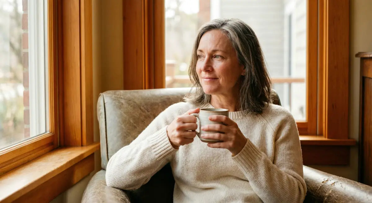 A woman in her 50s looking out a window